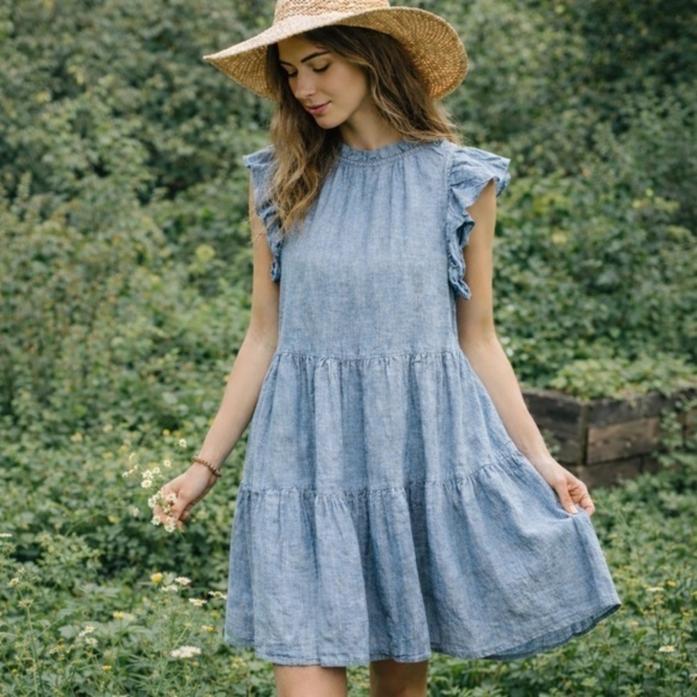 LAKE blue linen Helen tiered dress
